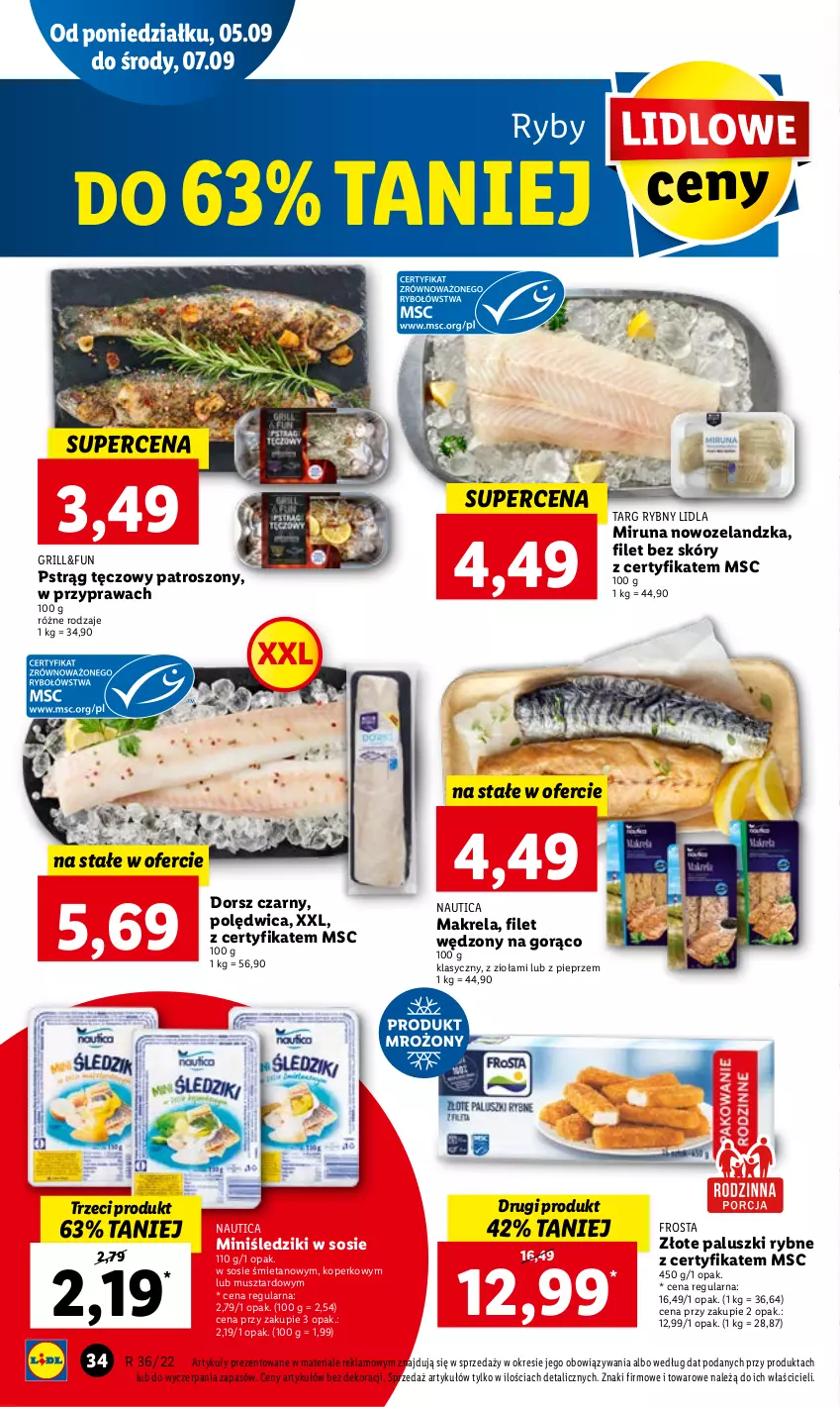 Gazetka promocyjna Lidl - GAZETKA - ważna 05.09 do 07.09.2022 - strona 38 - produkty: Dorsz, Frosta, Grill, Miruna, Mus, Paluszki rybne, Pieprz, Polędwica, Pstrąg, Pstrąg tęczowy, Sos