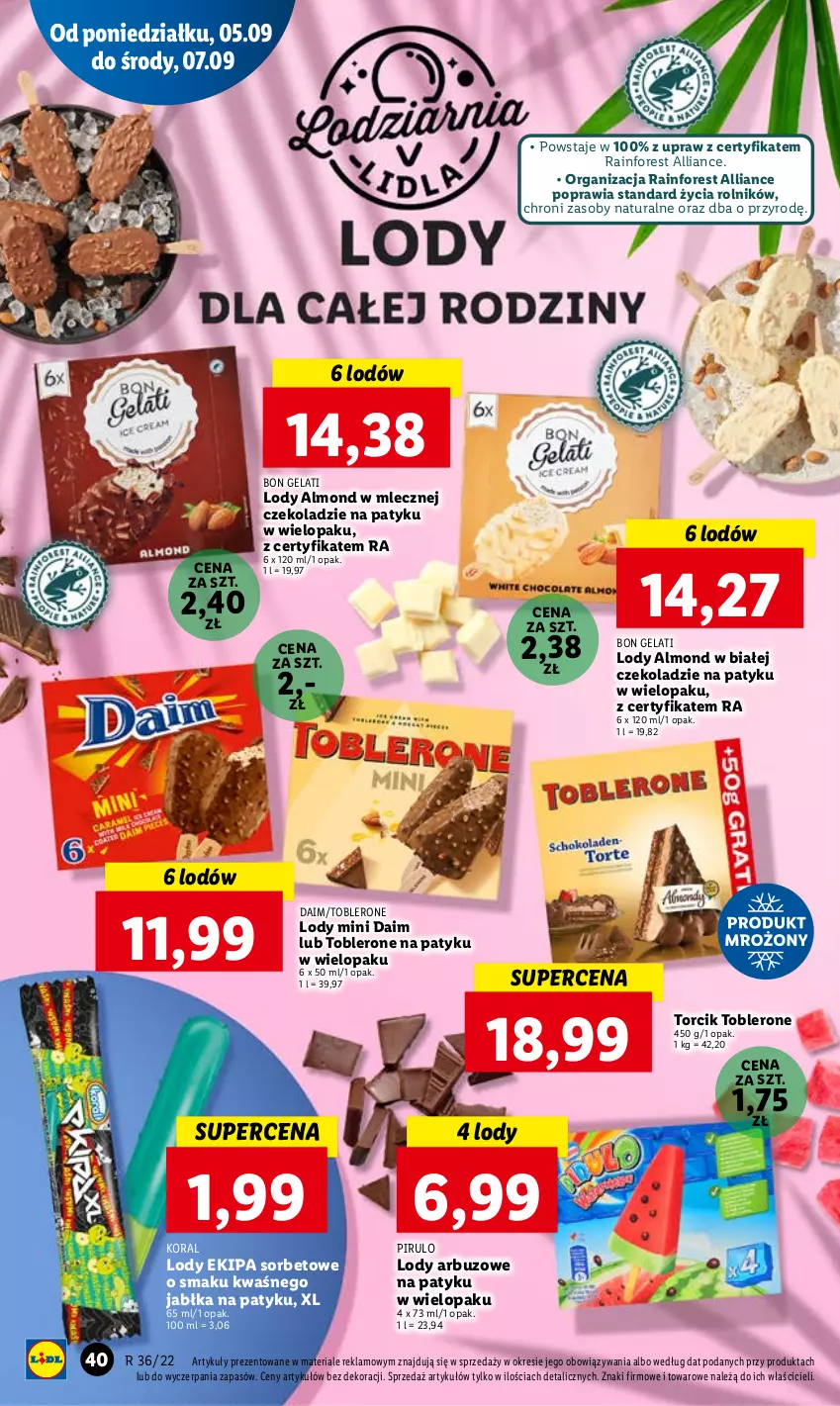 Gazetka promocyjna Lidl - GAZETKA - ważna 05.09 do 07.09.2022 - strona 44 - produkty: Arbuz, Jabłka, Lody, Rolnik, Toblerone