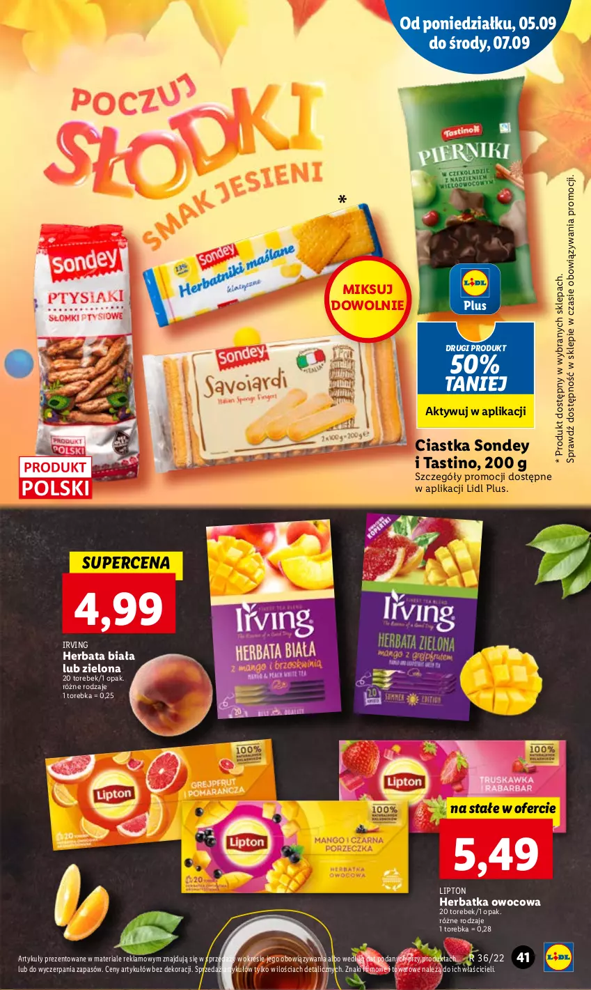 Gazetka promocyjna Lidl - GAZETKA - ważna 05.09 do 07.09.2022 - strona 45 - produkty: Ciastka, Herbata, Irving, Lipton, Torebka