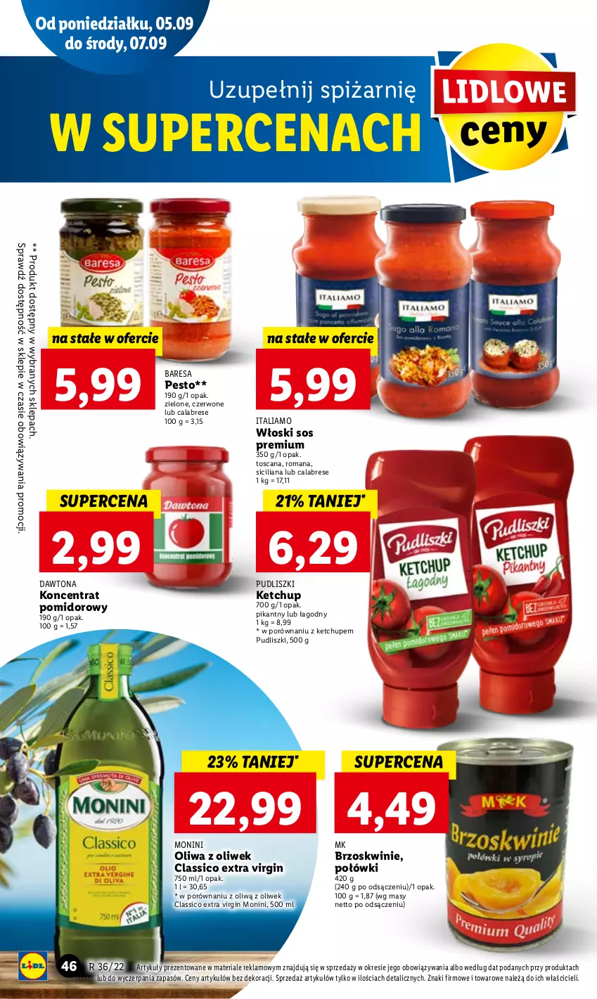 Gazetka promocyjna Lidl - GAZETKA - ważna 05.09 do 07.09.2022 - strona 50 - produkty: Brzoskwinie, Dawtona, Gin, Ketchup, Koncentrat pomidorowy, Monini, Oliwa z oliwek, Pesto, Por, Pudliszki, Sos