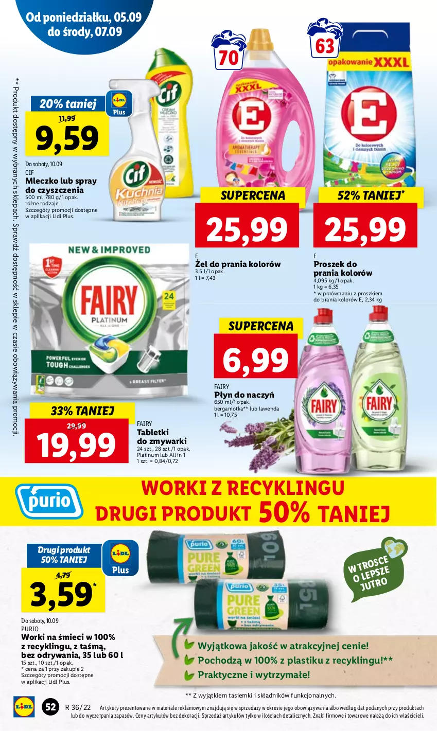 Gazetka promocyjna Lidl - GAZETKA - ważna 05.09 do 07.09.2022 - strona 56 - produkty: Cif, Fa, Fairy, Mleczko, Por, Proszek do prania, Pur, Spray do czyszczenia, Tablet, Tabletki do zmywarki, Worki na śmiec, Worki na śmieci, Zmywarki