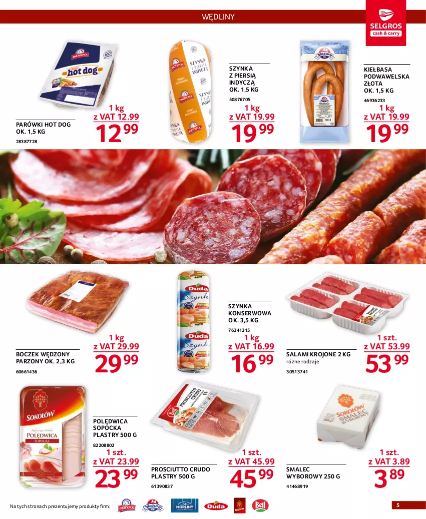 Gazetka promocyjna Selgros - Oferta gastronomiczna - ważna 02.03 do 15.03.2023 - strona 5 - produkty: Boczek, Hot dog, Kiełbasa, Kiełbasa podwawelska, Parówki, Parówki hot dog, Polędwica, Prosciutto, Salami, Ser, Smalec, Szynka, Szynka konserwowa, Wawel