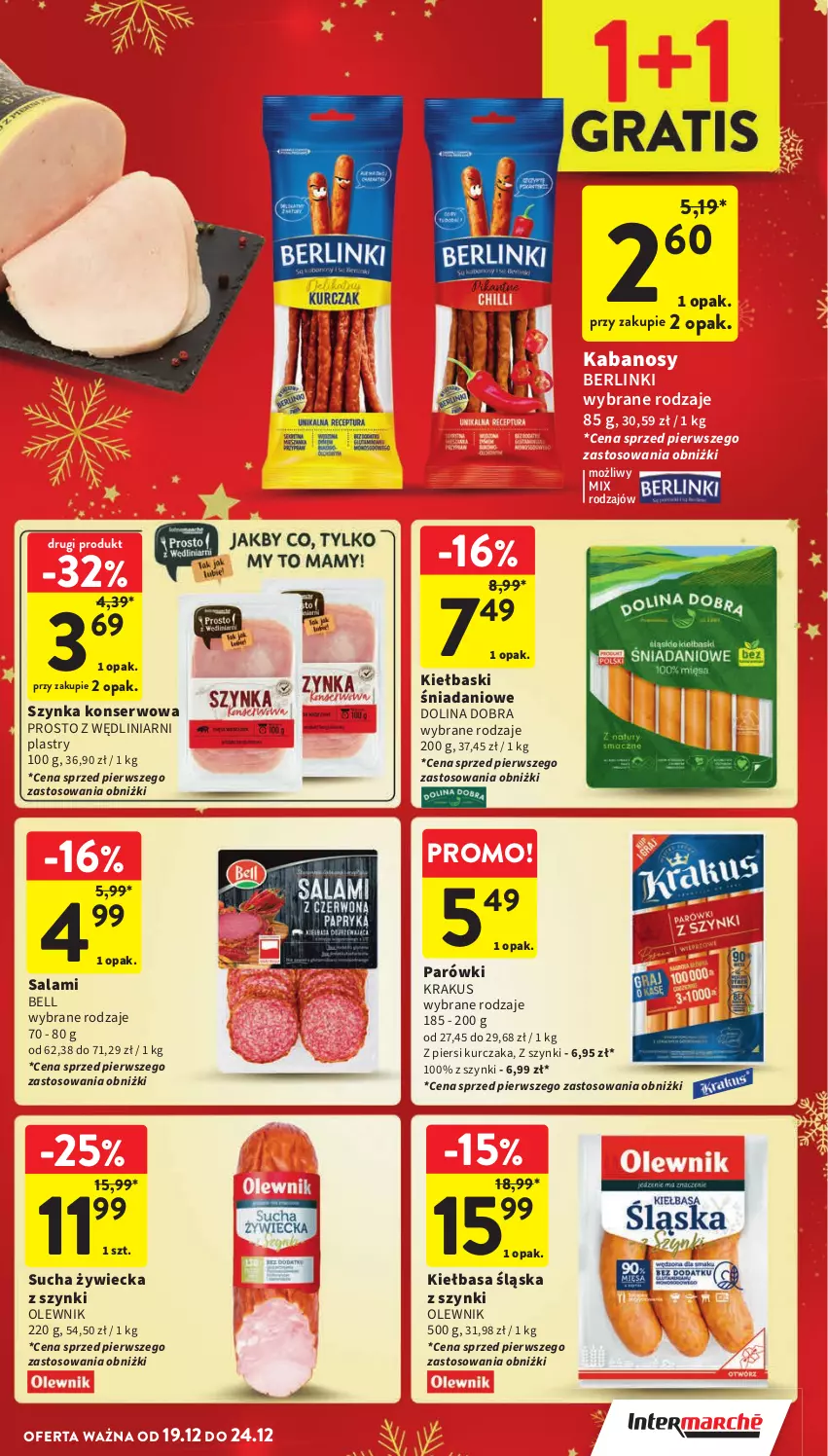 Gazetka promocyjna Intermarche - Gazetka Intermarche - ważna 19.12 do 24.12.2024 - strona 27 - produkty: Bell, Berlinki, Danio, Kabanos, Kiełbasa, Kiełbasa śląska, Krakus, Kurczak, Olewnik, Parówki, Salami, Ser, Szynka, Szynka konserwowa