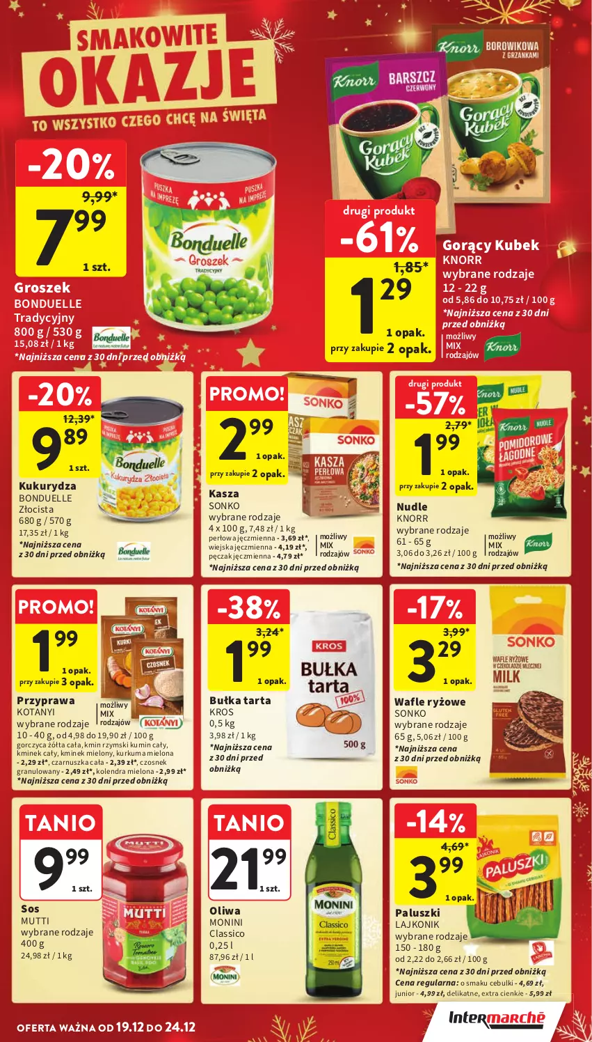 Gazetka promocyjna Intermarche - Gazetka Intermarche - ważna 19.12 do 24.12.2024 - strona 35 - produkty: Bonduelle, Bułka, Bułka tarta, Czosnek, Czosnek granulowany, Gra, Groszek, Kasza, Kminek, Kminek cały, Knorr, Kolendra, Kubek, Kukurydza, Kurkuma, Lajkonik, Monini, Ryż, Sonko, Sos, Tarta, Wafle