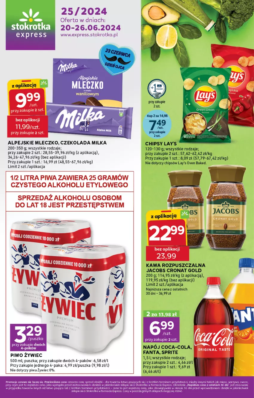 Gazetka promocyjna Stokrotka - Stokrotka Express - ważna 20.06 do 26.06.2024 - strona 1 - produkty: Coca-Cola, Czekolada, Fa, Fanta, Jacobs, Kawa, Kawa rozpuszczalna, Mięso, Milka, Mleczko, Napój, Owoce, Piwa, Piwo, Sprite, Warzywa