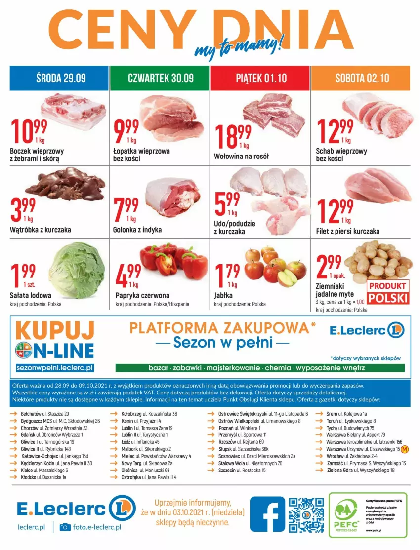 Gazetka promocyjna E Leclerc - ważna 24.09 do 09.10.2021 - strona 24 - produkty: Boczek, Boczek wieprzowy, Golonka z indyka, Jabłka, Kosz, Kurczak, Olej, Papier, Papryka, Papryka czerwona, Por, Rosół, Sałat, Sałata lodowa, Schab wieprzowy, Sos, Sport, Stock, Szal, Top, Wołowina, Ziemniaki