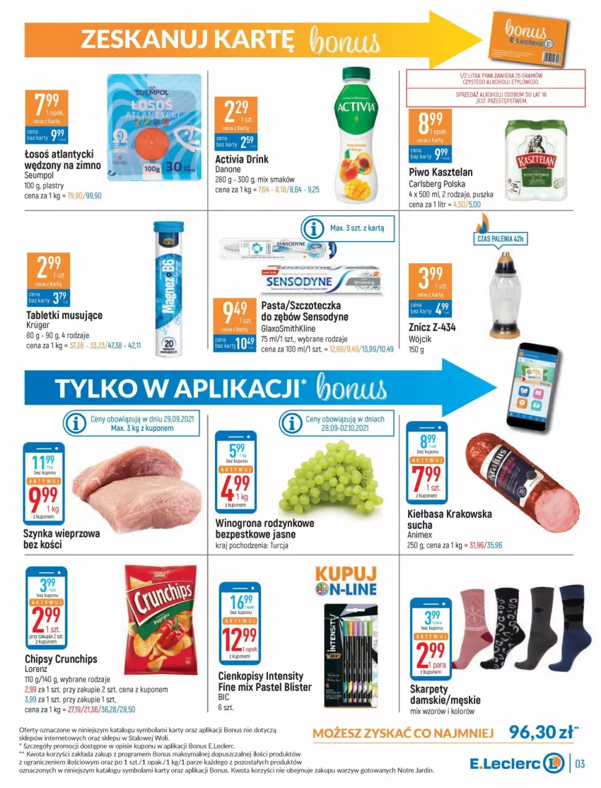 Gazetka promocyjna E Leclerc - ważna 24.09 do 09.10.2021 - strona 3 - produkty: Activia, BIC, Carlsberg, Chipsy, Crunchips, Danone, Gra, Karp, Kasztelan, Kiełbasa, Kiełbasa krakowska, Lorenz, Mus, Piwa, Piwo, Sensodyne, Szczoteczka, Szczoteczka do zębów, Szynka, Szynka wieprzowa, Tablet, Tabletki musujące, Wino, Winogrona, Znicz