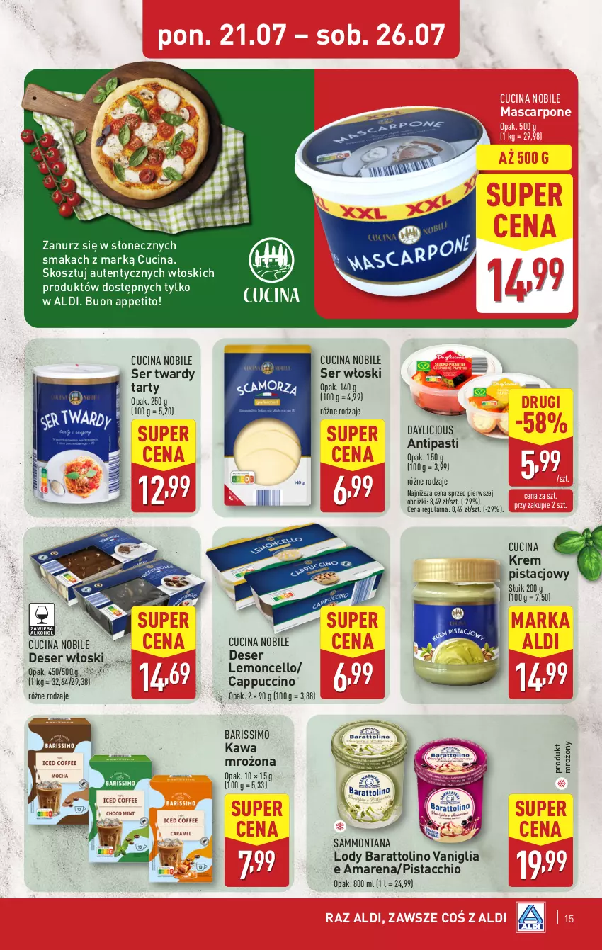 Gazetka promocyjna Aldi - Pełna oferta - ważna 21.07 do 26.07.2025 - strona 15 - produkty: Cappuccino, Deser, Kawa, Kosz, Krem pistacjowy, Lody, Mascarpone, Ser