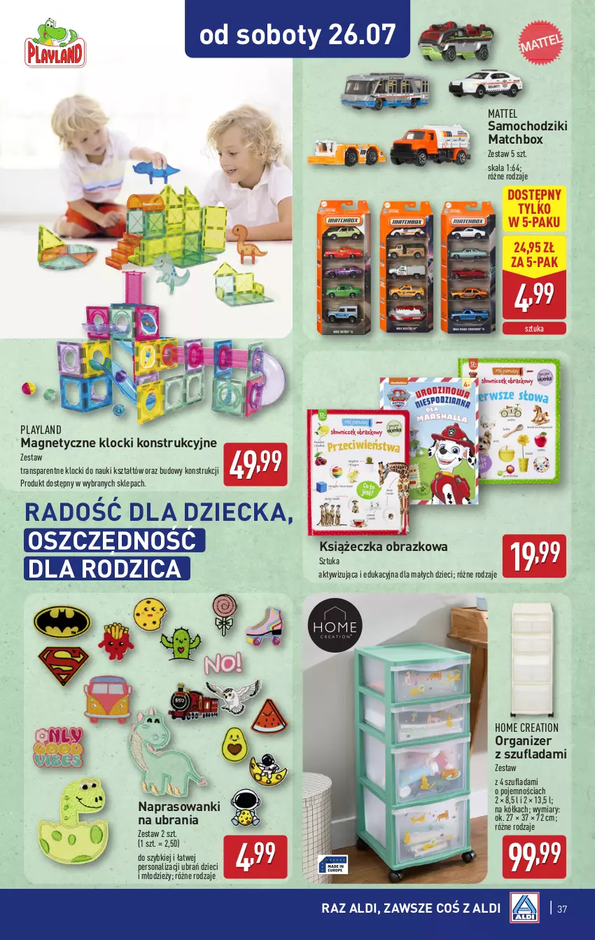 Gazetka promocyjna Aldi - Pełna oferta - ważna 21.07 do 26.07.2025 - strona 37 - produkty: Chodzik, Dzieci, Klocki, Mattel, Obraz, Organizer, Samochodziki, Tran, Ubrania