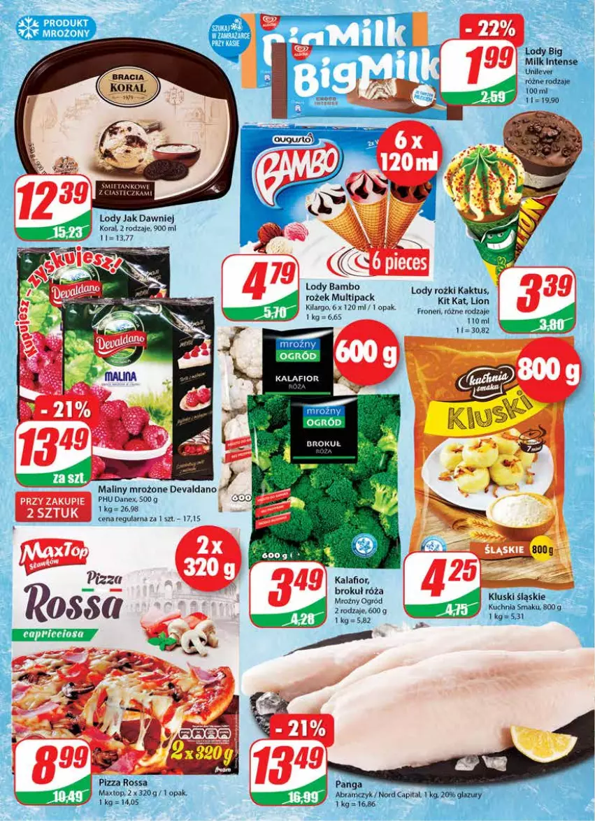 Gazetka promocyjna Dino - Gazetka - ważna 06.04 do 12.04.2022 - strona 14 - produkty: Big Milk, Kalafior, Kuchnia, Lazur, Lody, Maliny, Ogród, Panga, Pizza, Róża, Top