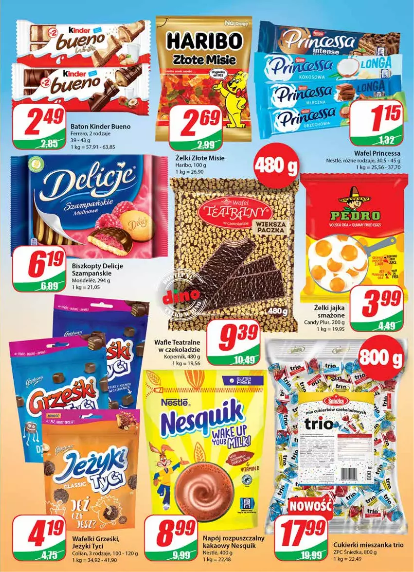 Gazetka promocyjna Dino - Gazetka - ważna 06.04 do 12.04.2022 - strona 3 - produkty: Baton, Biszkopty, Candy, Cukier, Cukierki, Delicje, Ferrero, Grześki, Jeżyki, Kakao, Kinder, Kinder Bueno, Napój, Nesquik, Wafle