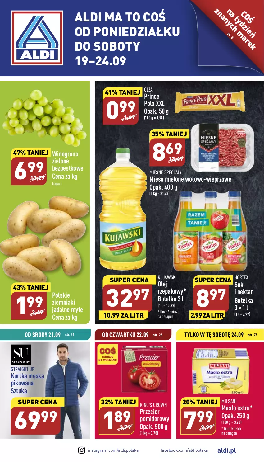 Gazetka promocyjna Aldi - Pełny katalog - ważna 19.09 do 24.09.2022 - strona 1 - produkty: Fa, Gra, Hortex, Kujawski, Kurtka, Masło, Mięsne specjały, Mięso, Mięso mielone, Nektar, Olej, Olej rzepakowy, Prince Polo, Sok, Wino, Ziemniaki