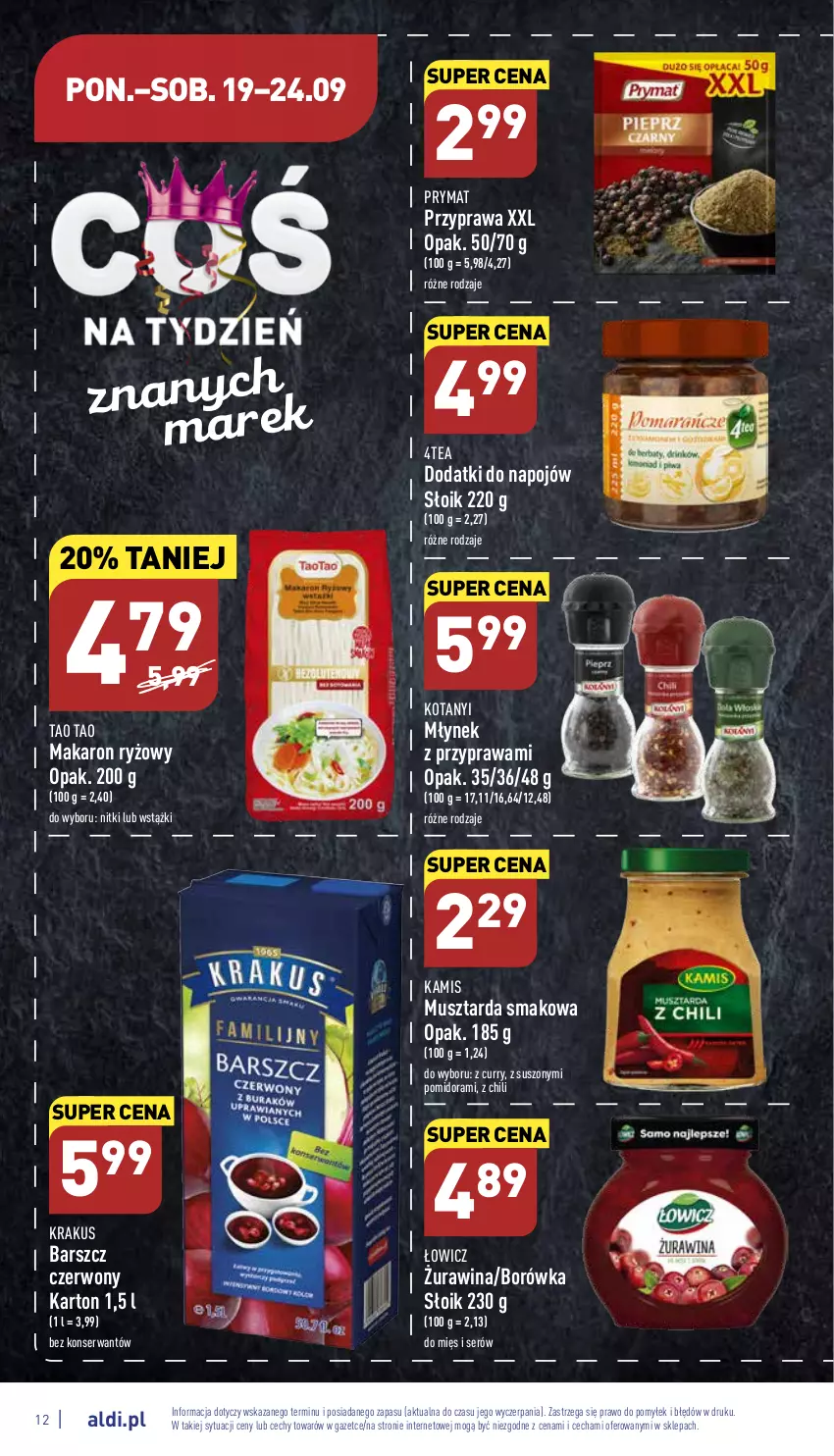 Gazetka promocyjna Aldi - Pełny katalog - ważna 19.09 do 24.09.2022 - strona 12 - produkty: Borówka, Kamis, Krakus, Makaron, Makaron ryżowy, Młynek, Mus, Musztarda, Prymat, Ryż, Ser