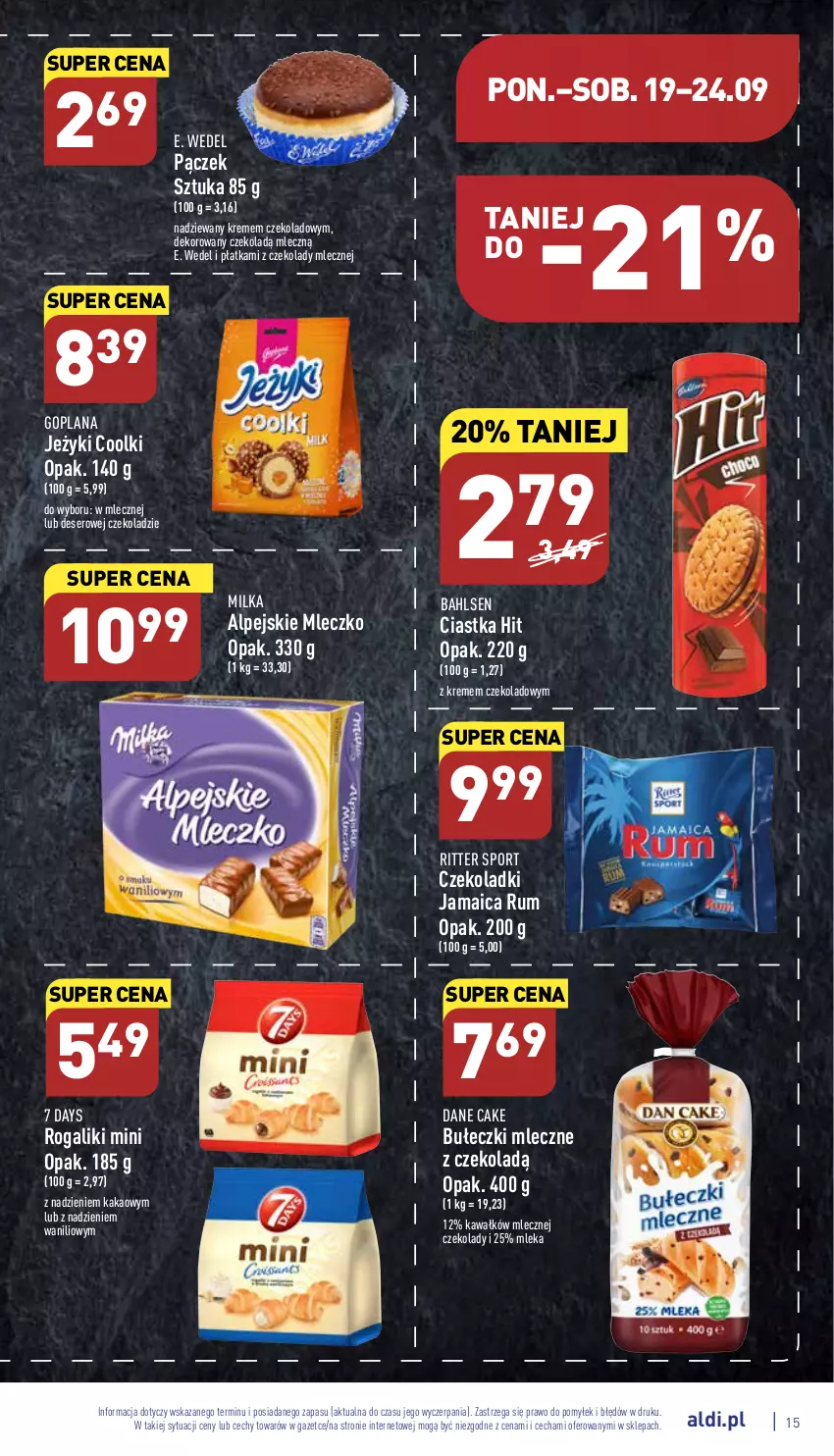 Gazetka promocyjna Aldi - Pełny katalog - ważna 19.09 do 24.09.2022 - strona 15 - produkty: 7 Days, Bułeczki, Bułeczki mleczne, Ciastka, Deser, E. Wedel, Goplana, Jeżyki, Kakao, Kawa, LANA, Milka, Mleczko, Pączek, Por, Ritter Sport, Rogal, Rum, Ser, Sport