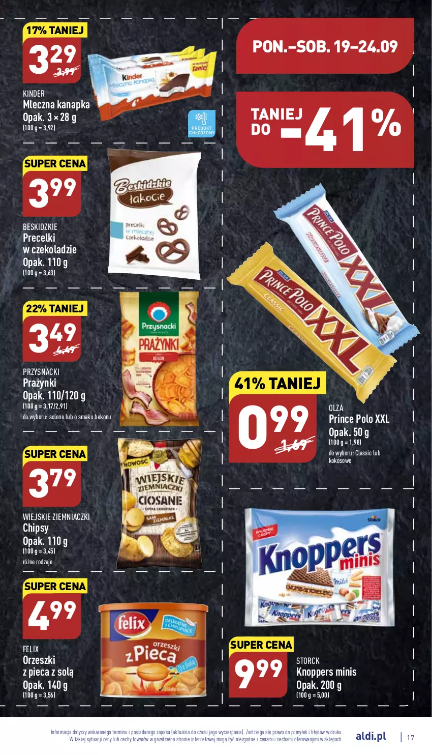 Gazetka promocyjna Aldi - Pełny katalog - ważna 19.09 do 24.09.2022 - strona 17 - produkty: Beko, Beskidzki, Chipsy, Felix, Kinder, Knoppers, Kokos, Mleczna kanapka, Orzeszki, Piec, Precelki, Prince Polo, Przysnacki