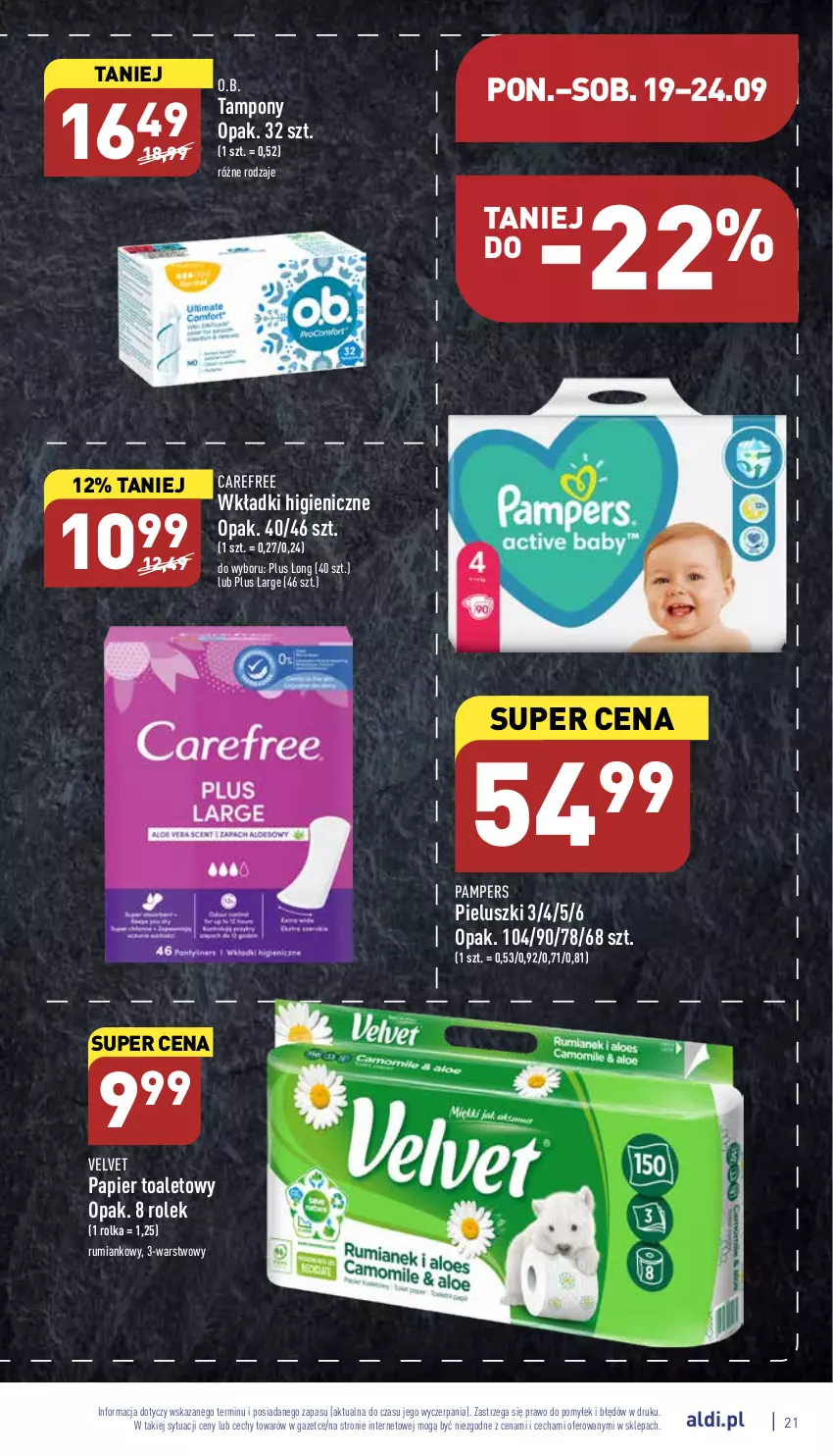 Gazetka promocyjna Aldi - Pełny katalog - ważna 19.09 do 24.09.2022 - strona 21 - produkty: Carefree, O.B., Pampers, Papier, Papier toaletowy, Rum, Tampony, Velvet, Wkładki