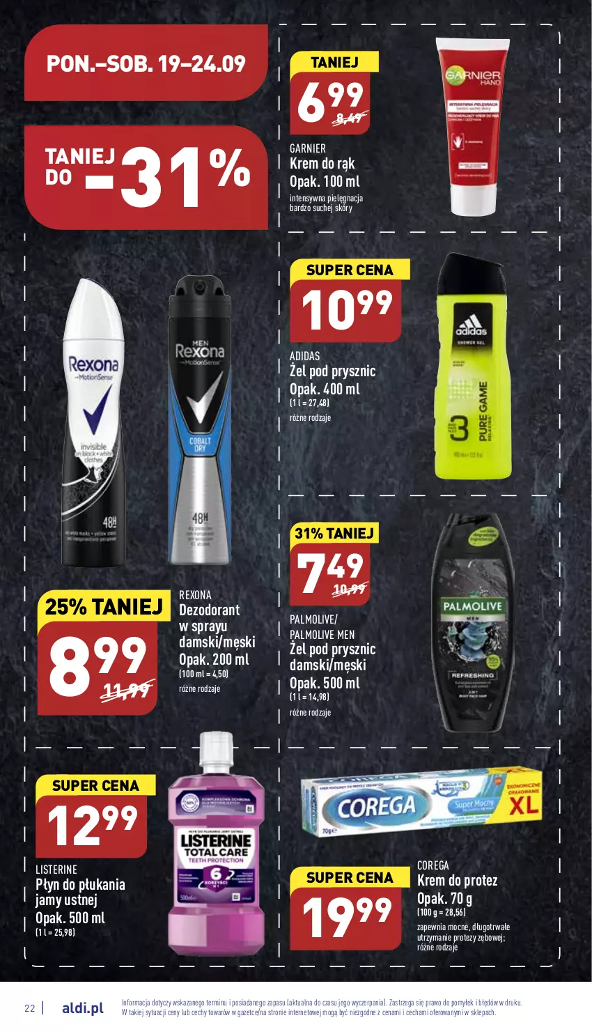 Gazetka promocyjna Aldi - Pełny katalog - ważna 19.09 do 24.09.2022 - strona 22 - produkty: Adidas, Corega, Dezodorant, Garnier, Krem do rąk, Listerine, Palmolive, Płyn do płukania, Płyn do płukania jamy ustnej, Rexona