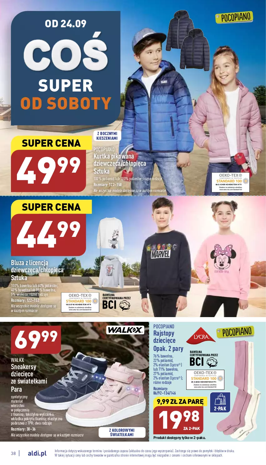 Gazetka promocyjna Aldi - Pełny katalog - ważna 19.09 do 24.09.2022 - strona 38 - produkty: Bluza, Dzieci, Kurtka, Pocopiano, Rajstopy, Sneakersy, Top, Wełna