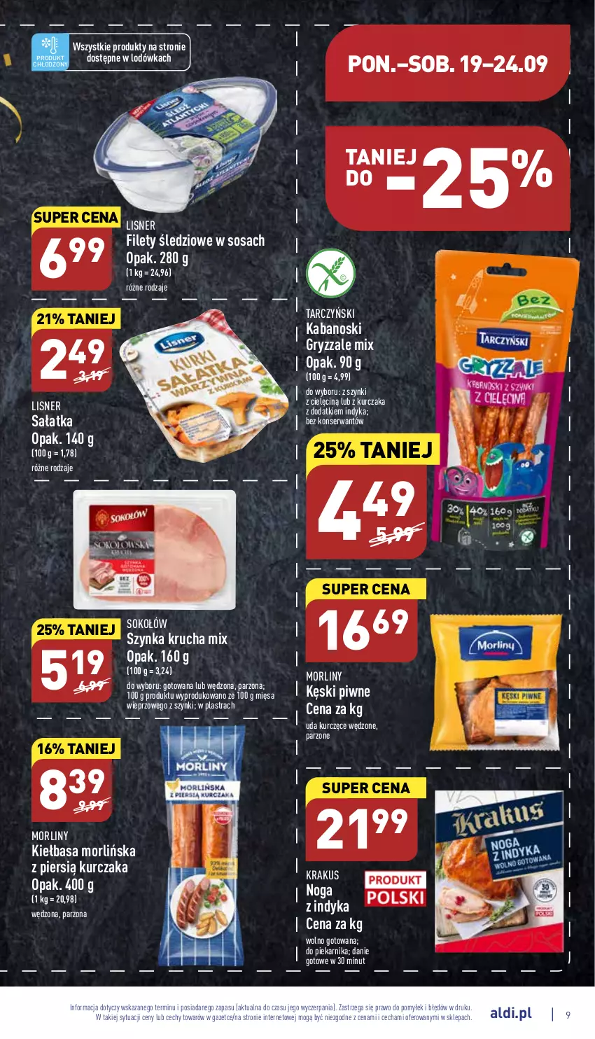 Gazetka promocyjna Aldi - Pełny katalog - ważna 19.09 do 24.09.2022 - strona 9 - produkty: Danie gotowe, Gry, Kabanos, Kęski piwne, Kiełbasa, Krakus, Kurczak, Lisner, Lodówka, Morliny, Piekarnik, Sałat, Sałatka, Ser, Sok, Sokołów, Sos, Szynka, Tarczyński