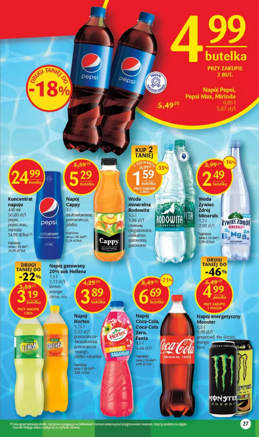 Gazetka promocyjna Delikatesy Centrum - Gazetka DC27 - ważna 13.07 do 19.07.2023 - strona 27 - produkty: Cappy, Coca-Cola, Gin, Hellena, Hortex, Mango, Mirinda, Napój, Napój energetyczny, Napój gazowany, Pepsi, Pepsi max, Sok, Woda, Woda mineralna