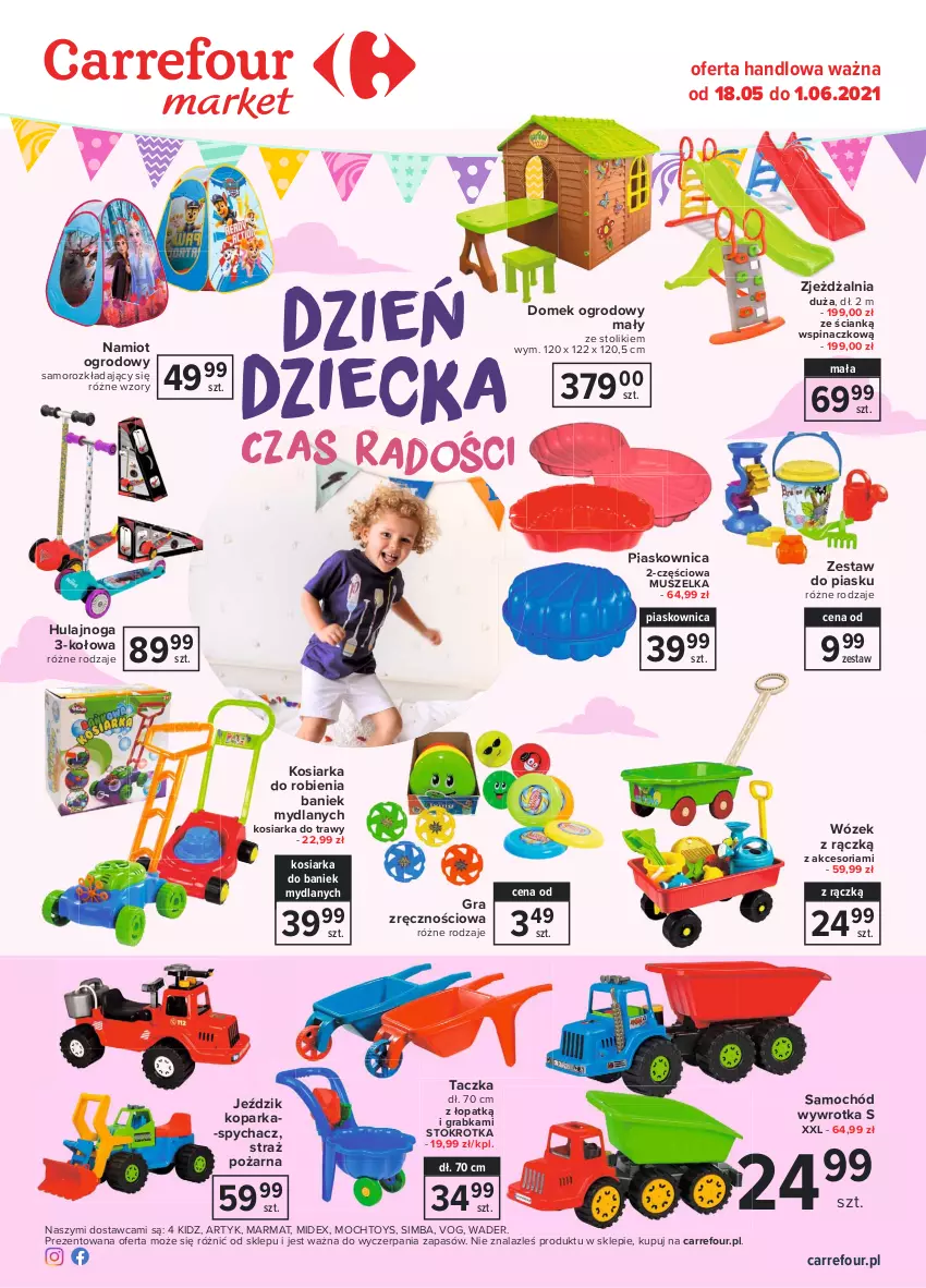 Gazetka promocyjna Carrefour - Gazetka Dzień Dziecka - ważna 17.05 do 31.05.2021 - strona 1 - produkty: Gra, Hulajnoga, Kosiarka, Mus, Namiot, Parka, Samochód, Stolik, Straż pożarna, Wózek, Wywrotka