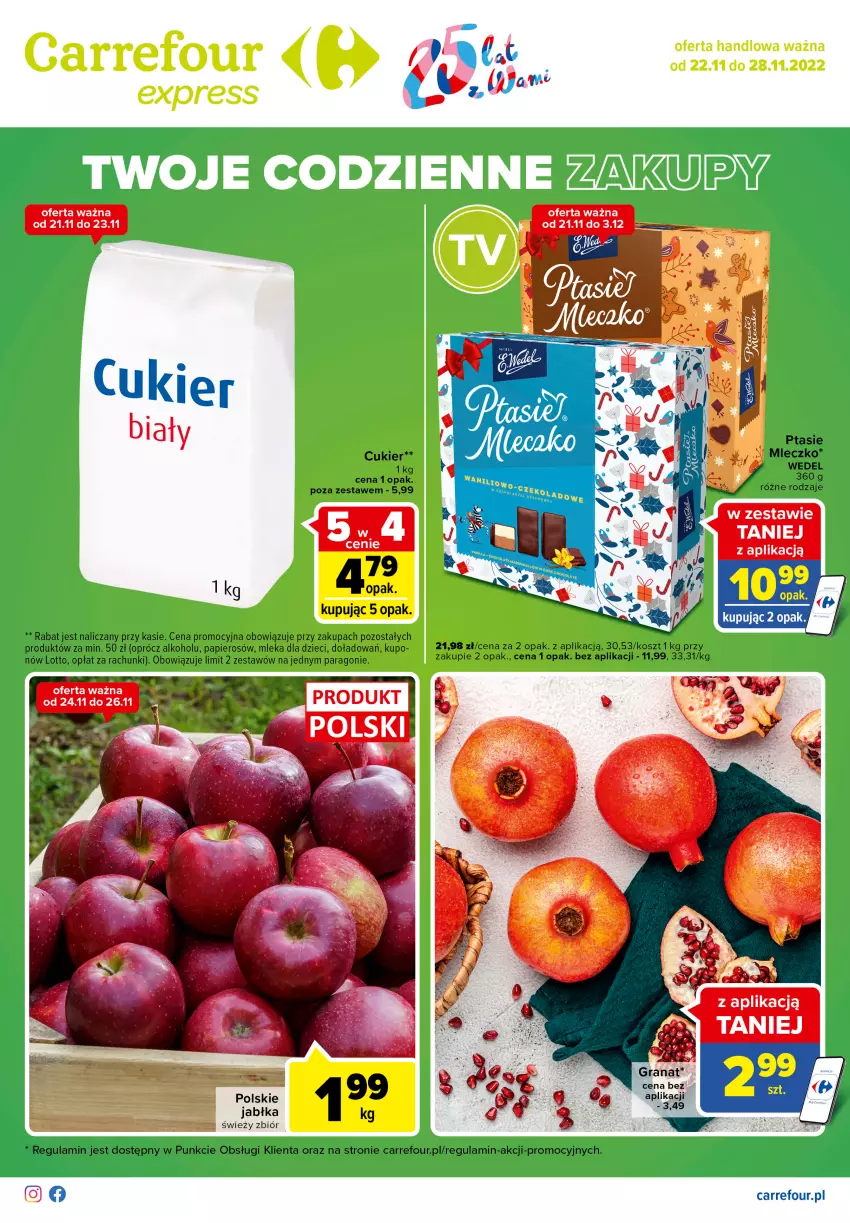 Gazetka promocyjna Carrefour - Gazetka Express - ważna 22.11 do 28.11.2022 - strona 1 - produkty: Cukier, Dzieci, Gra, Granat, Jabłka, Kosz, Mleczko, Papier