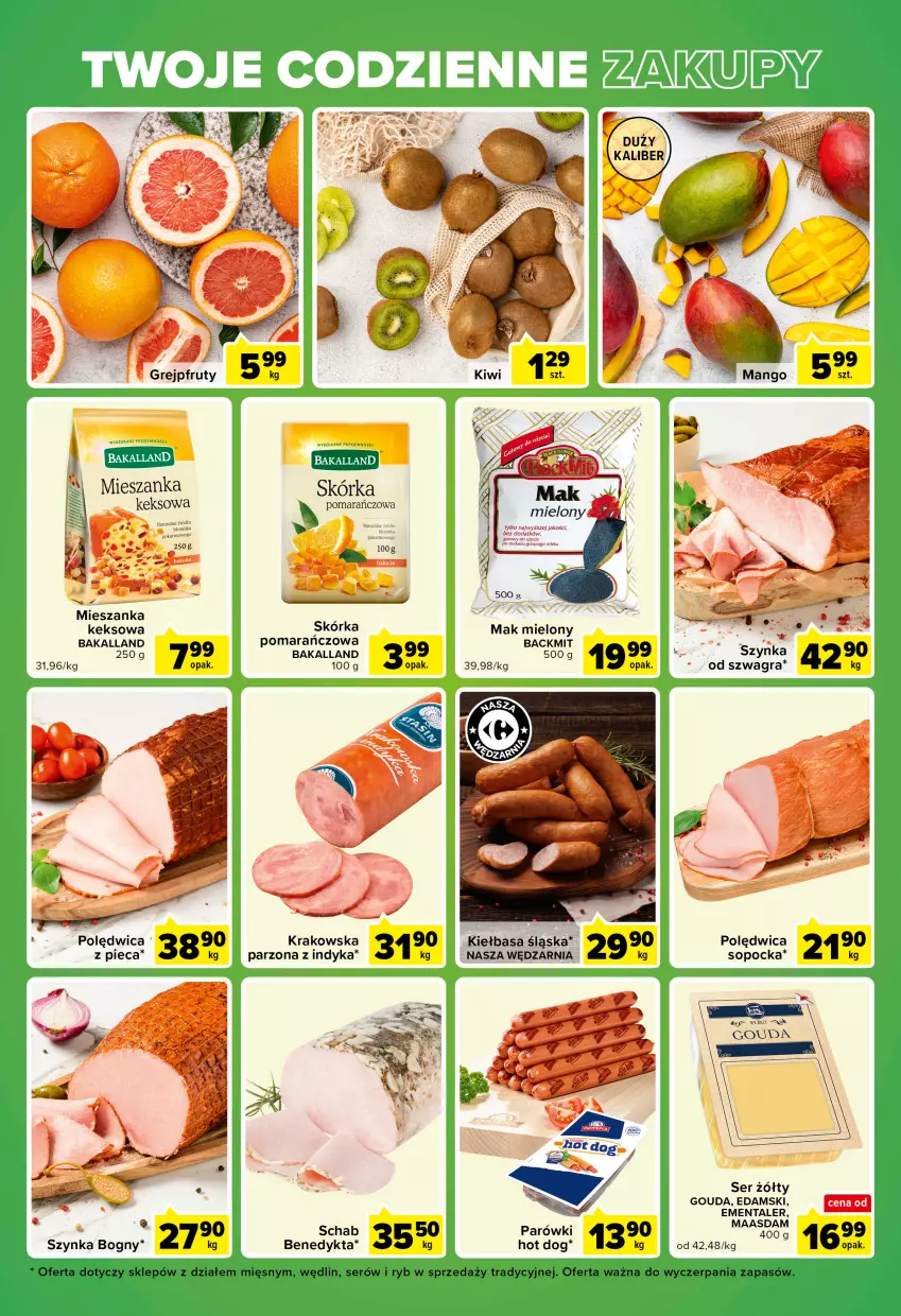 Gazetka promocyjna Carrefour - Gazetka Express - ważna 22.11 do 28.11.2022 - strona 5 - produkty: Bakalland, Edam, Ementaler, Gouda, Gra, Grejpfrut, Hot dog, Kiełbasa, Kiełbasa śląska, Mak mielony, Parówki, Piec, Polędwica, Ser, Szynka