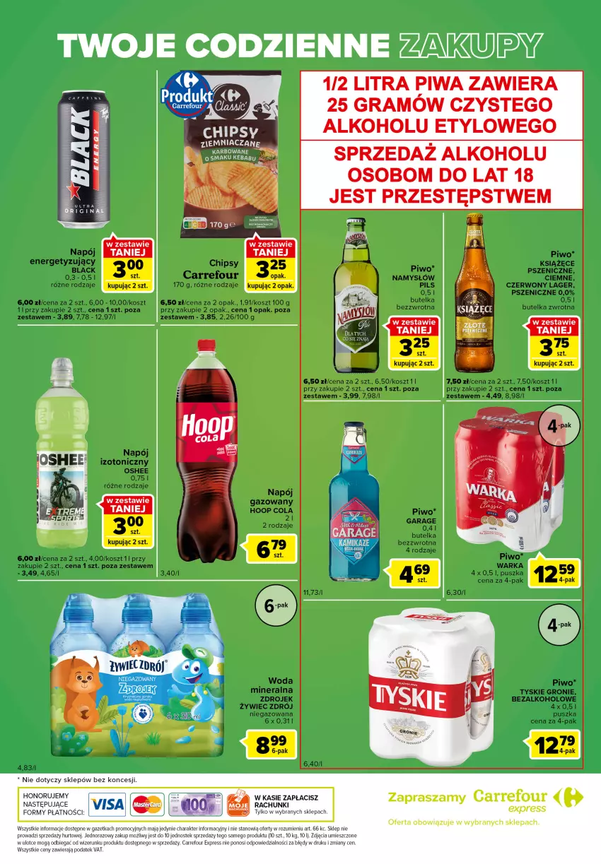 Gazetka promocyjna Carrefour - Gazetka Express - ważna 22.11 do 28.11.2022 - strona 6 - produkty: Chipsy, Gra, Hoop, Kosz, Książęce, Lack, Namysłów, Napój, Napój izotoniczny, Oshee, Piwa, Piwo, Stek, Tyskie, Warka, Woda, Woda mineralna