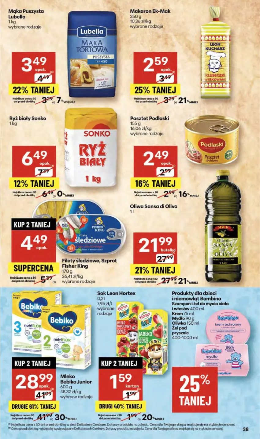Gazetka promocyjna Delikatesy Centrum - Franczyza DC40 Czwartek - ważna 02.10 do 08.10.2025 - strona 38 - produkty: Bebiko, Bell, Dzieci, Hortex, Leon, Mąka, Makaron, Mydło, Ochronny żel, Pasztet, Podlaski, Rum, Ryż, Ryż biały, Sok, Sonko, Szampon, Szprot