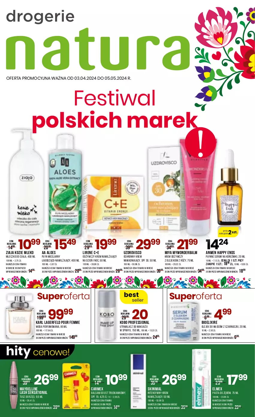 Gazetka promocyjna Drogerie Natura - Gazetka Drogerie Natura - ważna 03.04 do 05.05.2024 - strona 1 - produkty: Balsam do ust, Bell, Elmex, Karl Lagerfeld, KOBO, Krem nawilżający, Krem odżywczy, Lirene, Makijaż, Maybelline, Mleczko, Mleczko do ciała, Mleko, Ochronny krem, Olej, Pasta do zębów, Perfum, Płyn micelarny, Rum, Sati, Ser, Serum, Tusz, Woda, Woda perfumowana, Ziaja