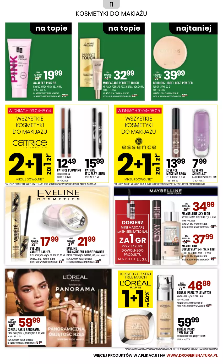 Gazetka promocyjna Drogerie Natura - Gazetka Drogerie Natura - ważna 03.04 do 05.05.2024 - strona 11 - produkty: Bell, Bourjois, Catrice, Eveline, Konturówka do ust, Krem bb, Lakier, Lakier do paznokci, Makijaż, Maybelline, Podkład, Puder, Rama, Sati, Ser, Top, Tran, Tusz