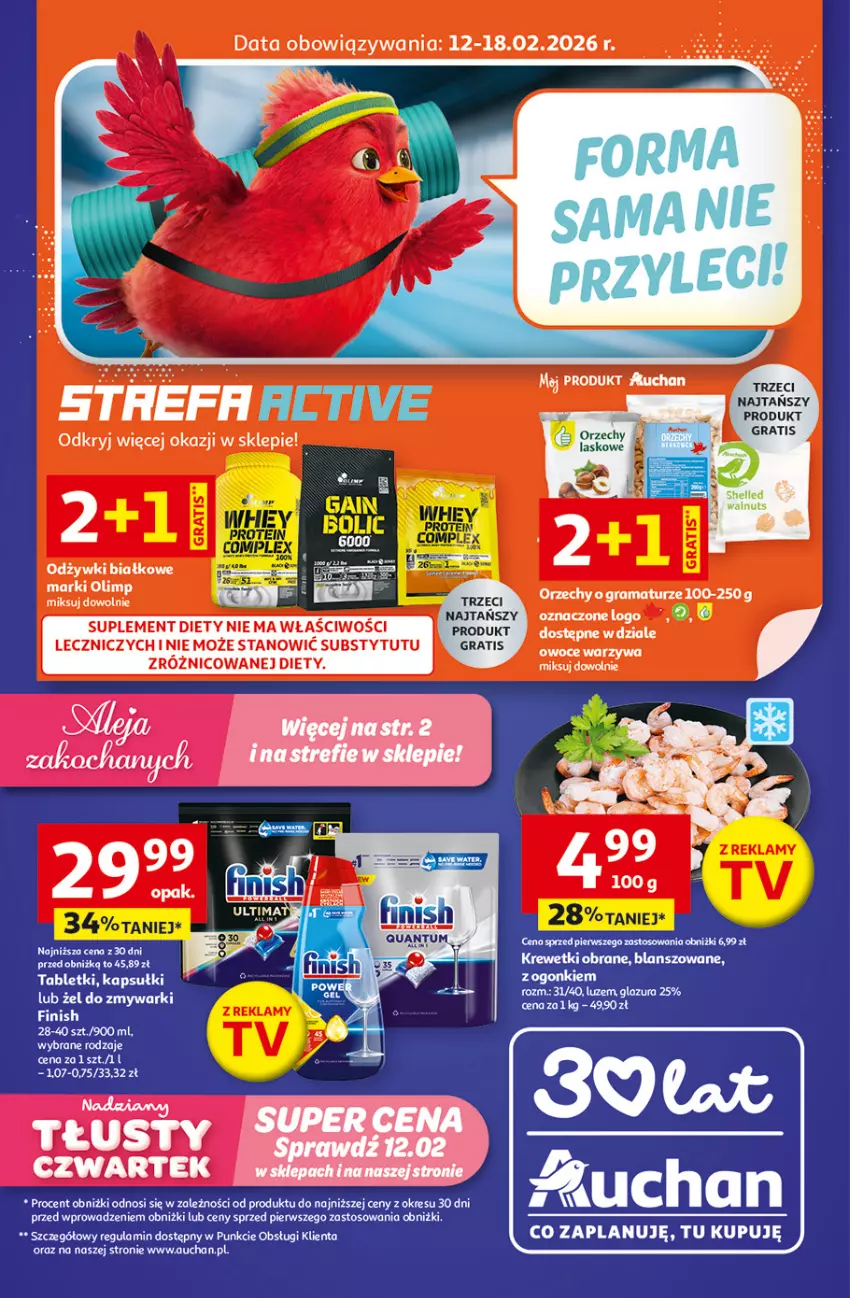Gazetka promocyjna Auchan - Gazetka 30 Lat Supermarket Auchan Franczyza - ważna 12.02 do 18.02.2026 - strona 1 - produkty: Finish, Glazura, Gra, Krewetki, Lazur, Rama, Suplement diety, Tablet, Zmywarki, Znicz