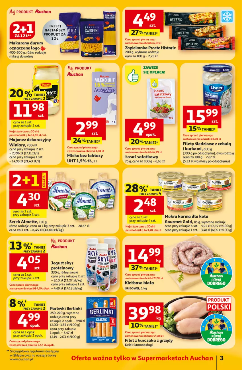 Gazetka promocyjna Auchan - Gazetka 30 Lat Supermarket Auchan Franczyza - ważna 12.02 do 18.02.2026 - strona 3 - produkty: Almette, Berlinki, Gourmet Gold, Jogurt, Kiełbasa, Kiełbasa biała, Kurczak, Majonez, Makaron, Mokra karma, Parówki, Rum, Sałat, Ser, Serek, Winiary, Zapiekanka