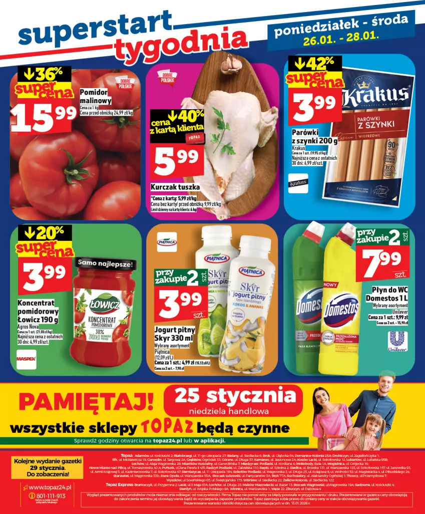 Gazetka promocyjna Topaz - Gazetka - ważna 22.01 do 28.01.2026 - strona 28 - produkty: Bielska, Body, Domestos, KOBO, Krakus, Ogiński, Parówki, Płyn do wc, Podlaski, Sok, Sokołów, Top