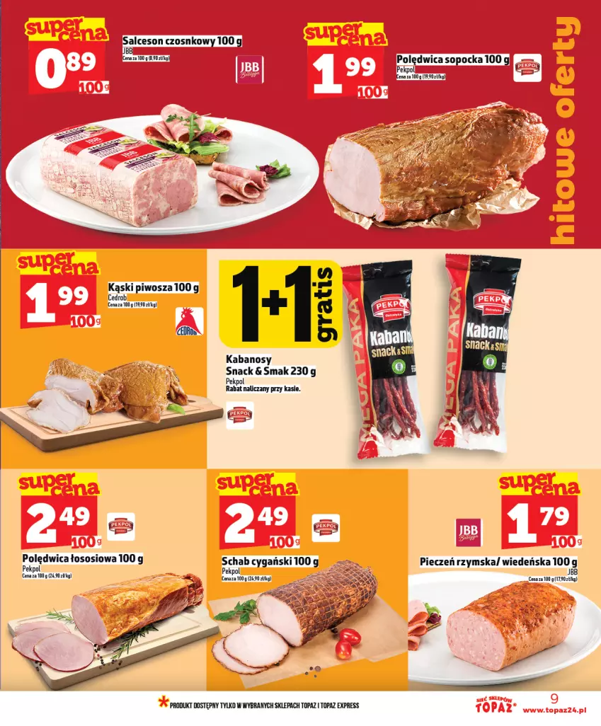 Gazetka promocyjna Topaz - Gazetka - ważna 22.01 do 28.01.2026 - strona 9 - produkty: Kabanos, Pekpol, Piec, Pieczeń rzymska, Piwo, Polędwica, Salceson, Sos, Top