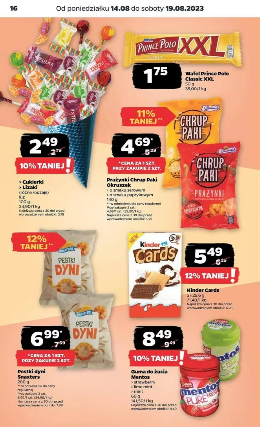 Gazetka promocyjna Netto - ważna 14.08 do 20.08.2023 - strona 8 - produkty: Cukier, Cukierki, Guma do żucia, Kinder, Lizaki, Mentos, Pestki dyni, Por, Prince Polo, Ser