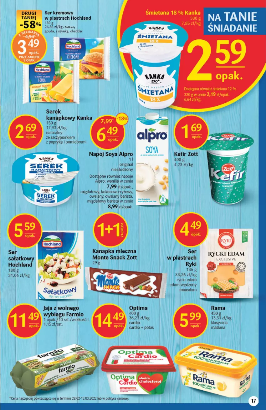 Gazetka promocyjna Delikatesy Centrum - Gazetka DC19 - ważna 19.05 do 25.05.2022 - strona 17 - produkty: Alpro, Cheddar, Edam, Fa, Gin, Gouda, Hochland, Jaja, Kefir, Kokos, LANA, Maasdam, Napój, Napoje, Optima, Rama, Rycki Edam, Ryż, Sałat, Ser, Serek, Serek kanapkowy, Zott
