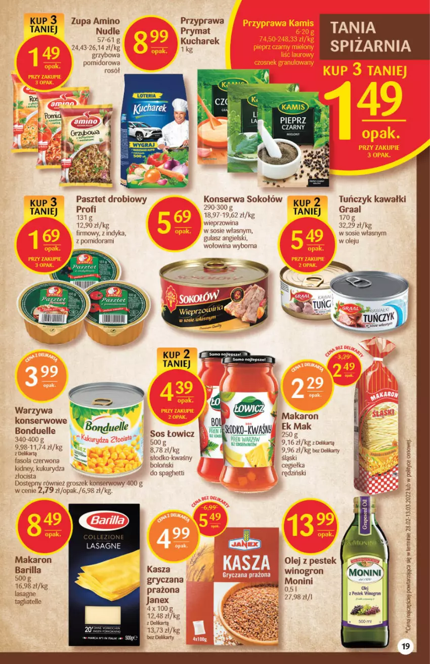 Gazetka promocyjna Delikatesy Centrum - Gazetka DC19 - ważna 19.05 do 25.05.2022 - strona 19 - produkty: Barilla, Groszek, Gry, Kamis, Kasza, Kawa, Kukurydza, Lasagne, Makaron, Monini, Olej, Pasztet, Pieprz, Prymat, Rosół, Rum, Ser, Sok, Sokołów, Sos, Spaghetti, Stek, Tagliatelle, Tuńczyk, Warzywa, Wieprzowina, Wino, Wołowina, Zupa