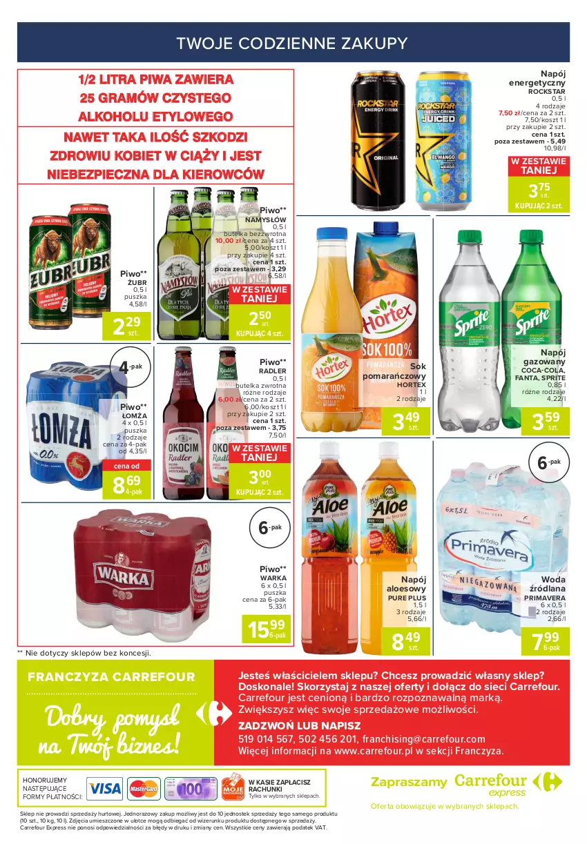 Gazetka promocyjna Carrefour - Gazetka Express - ważna 10.05 do 17.05.2021 - strona 6 - produkty: Coca-Cola, Fa, Fanta, Gra, Hortex, Kosz, LANA, Namysłów, Napój, Napój energetyczny, Napój gazowany, Piec, Piwa, Piwo, Prima, Primavera, Pur, Radler, Sok, Sok pomarańczowy, Sprite, Stek, Warka, Woda