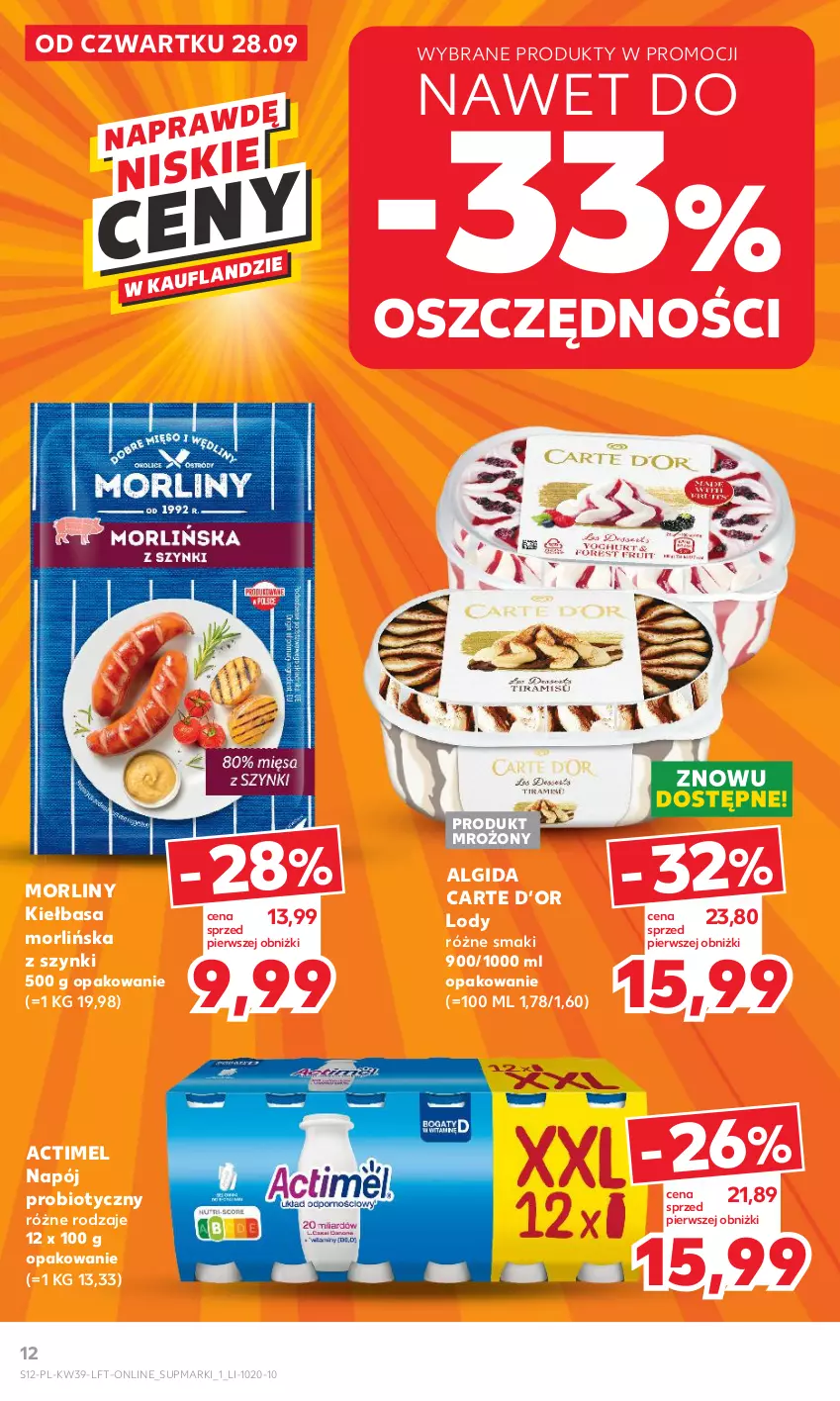 Gazetka promocyjna Kaufland - Gazetka tygodnia - ważna 28.09 do 04.10.2023 - strona 12 - produkty: Actimel, Algida, Kiełbasa, LG, Lody, Morliny, Napój