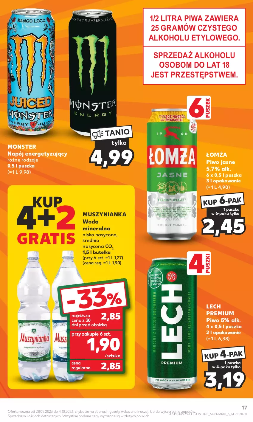 Gazetka promocyjna Kaufland - Gazetka tygodnia - ważna 28.09 do 04.10.2023 - strona 17 - produkty: Gra, Lech Premium, Mus, Muszynianka, Napój, O nas, Piwa, Piwo, Piwo jasne, Woda, Woda mineralna