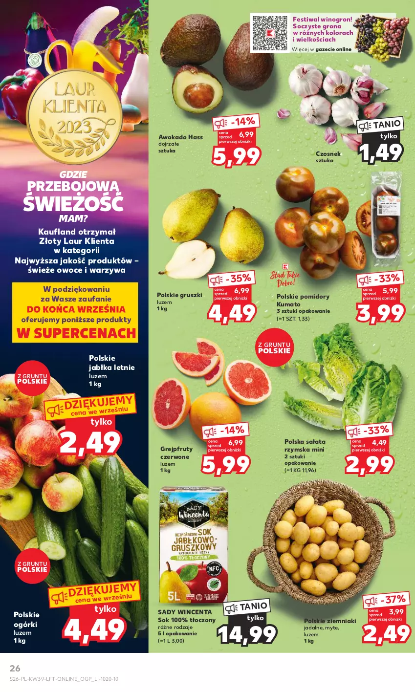 Gazetka promocyjna Kaufland - Gazetka tygodnia - ważna 28.09 do 04.10.2023 - strona 26 - produkty: Czosnek, Fa, Grejpfrut, Grunt, Gruszki, Jabłka, Laur, Owoce, Pomidory, Sałat, Sok, Warzywa, Wino, Ziemniaki