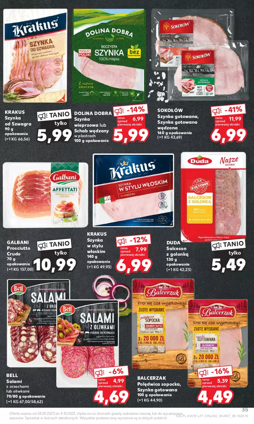 Gazetka promocyjna Kaufland - Gazetka tygodnia - ważna 28.09 do 04.10.2023 - strona 35 - produkty: Bell, Duda, Galbani, Gra, Krakus, Polędwica, Prosciutto, Salami, Salceson, Sok, Sokołów, Szynka, Szynka wieprzowa