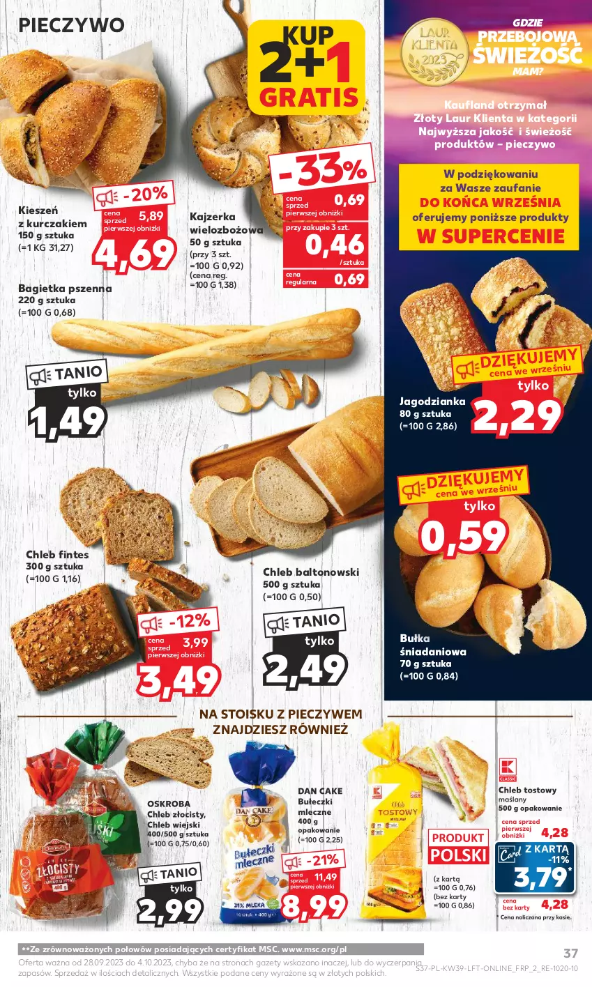 Gazetka promocyjna Kaufland - Gazetka tygodnia - ważna 28.09 do 04.10.2023 - strona 37 - produkty: Bagietka, Bagietka pszenna, Bułka, Chleb, Danio, Fa, Gra, Jagodzianka, Kajzerka, Kurczak, Laur, Piec, Pieczywo