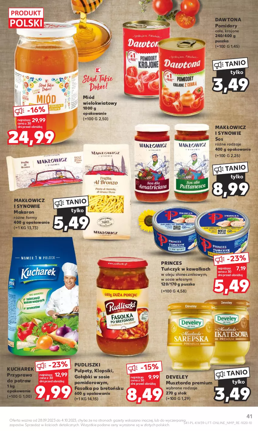 Gazetka promocyjna Kaufland - Gazetka tygodnia - ważna 28.09 do 04.10.2023 - strona 41 - produkty: Dawtona, Fa, Kawa, Klopsiki, Kucharek, Makaron, Miód, Mus, Musztarda, Olej, Pomidory, Przyprawa do potraw, Pudliszki, Pulpety, Sos, Tuńczyk