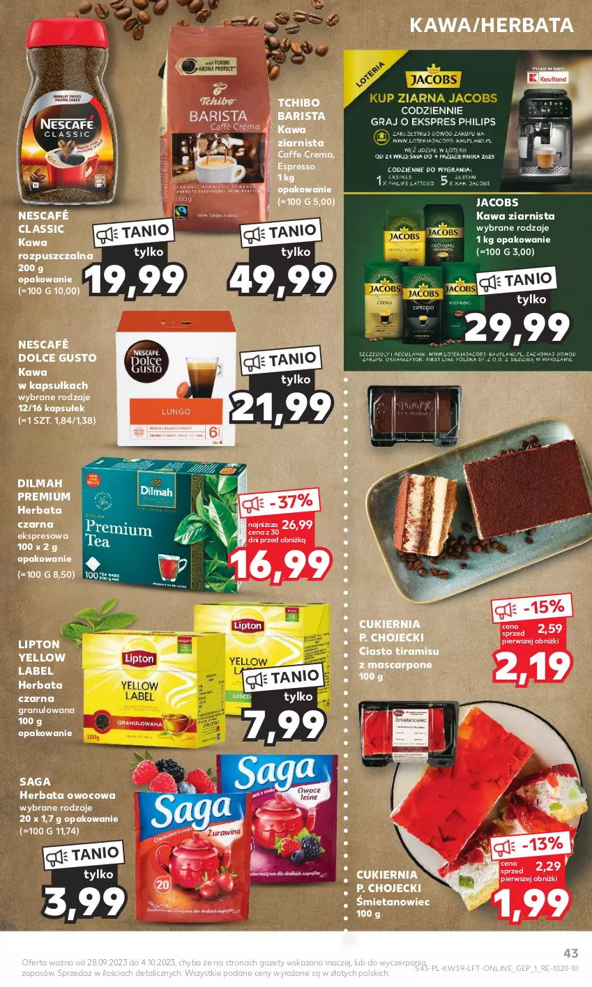 Gazetka promocyjna Kaufland - Gazetka tygodnia - ważna 28.09 do 04.10.2023 - strona 43 - produkty: Cukier, Dilmah, Dolce Gusto, Gra, Herbata, Herbata czarna, Herbata owocowa, Jacobs, Kawa, Kawa rozpuszczalna, Kawa ziarnista, Lipton, Mascarpone, Nescafé, Saga, Tchibo, Tchibo Barista