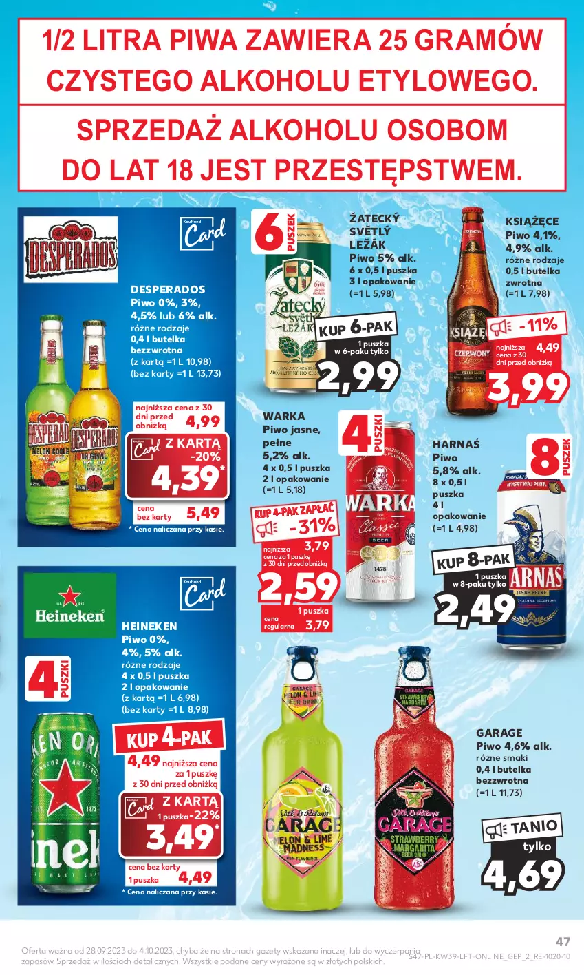 Gazetka promocyjna Kaufland - Gazetka tygodnia - ważna 28.09 do 04.10.2023 - strona 47 - produkty: Desperados, Gra, Harnaś, Heineken, Książęce, Piwa, Piwo, Piwo jasne, Warka