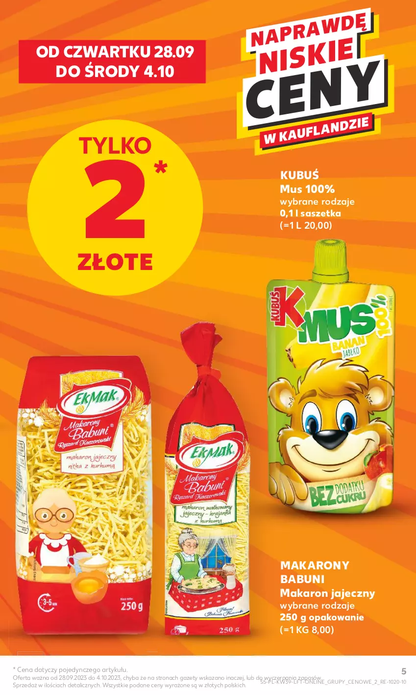 Gazetka promocyjna Kaufland - Gazetka tygodnia - ważna 28.09 do 04.10.2023 - strona 5 - produkty: Babuni, Kubuś, Makaron, Mus