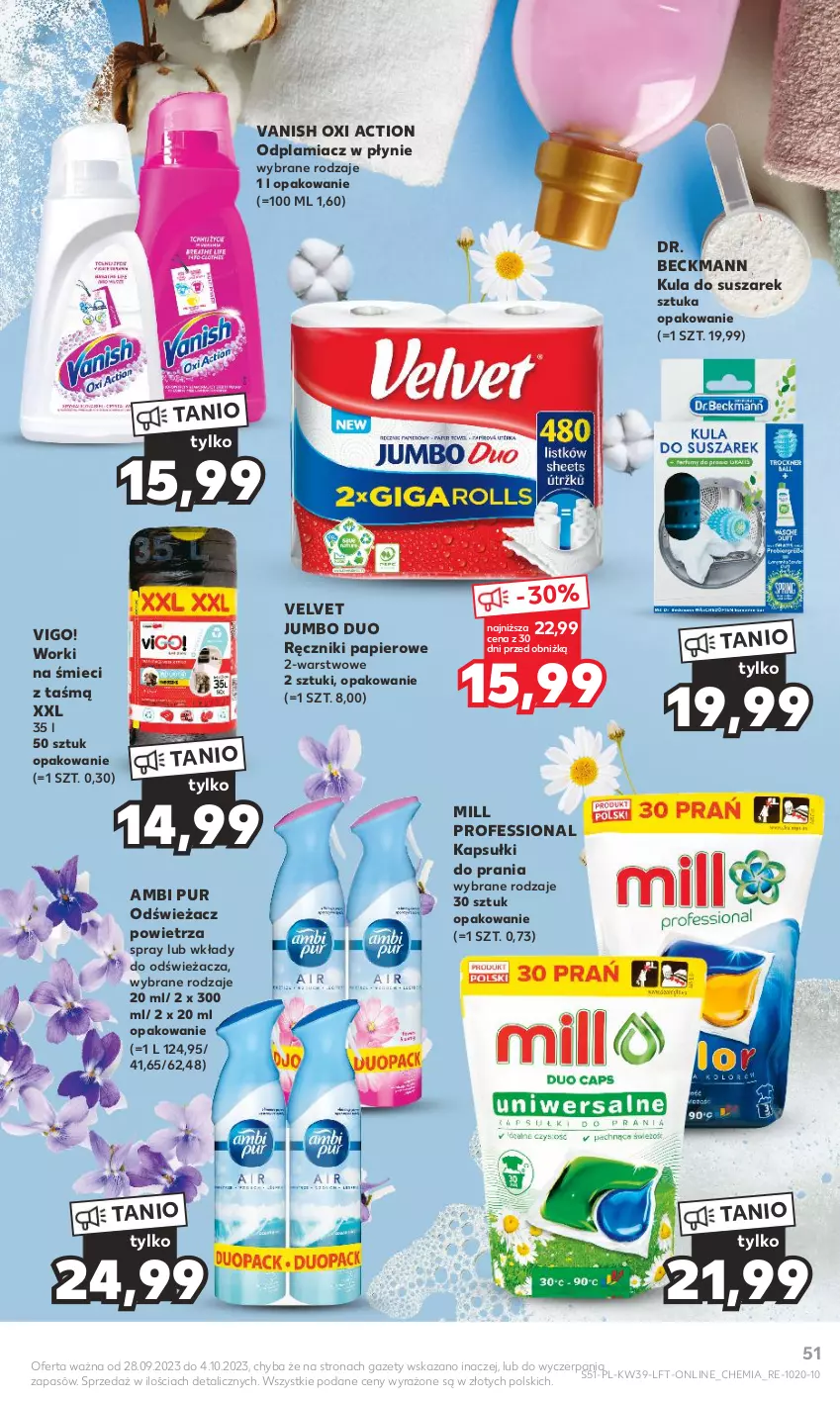 Gazetka promocyjna Kaufland - Gazetka tygodnia - ważna 28.09 do 04.10.2023 - strona 51 - produkty: Ambi Pur, Kapsułki do prania, Odplamiacz, Odświeżacz powietrza, Papier, Pur, Ręcznik, Ręczniki papierowe, Vanish, Velvet, Worki na śmiec, Worki na śmieci