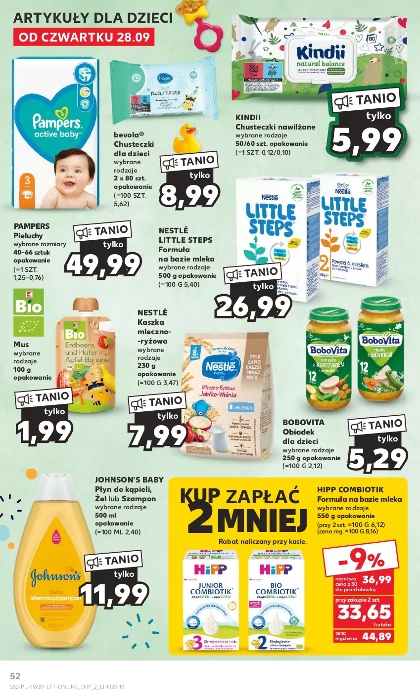 Gazetka promocyjna Kaufland - Gazetka tygodnia - ważna 28.09 do 04.10.2023 - strona 52 - produkty: BoboVita, Chusteczki, Dzieci, HiPP, Kindii, Mus, Nestlé, Pampers, Pieluchy, Płyn do kąpieli, Ryż, Szampon